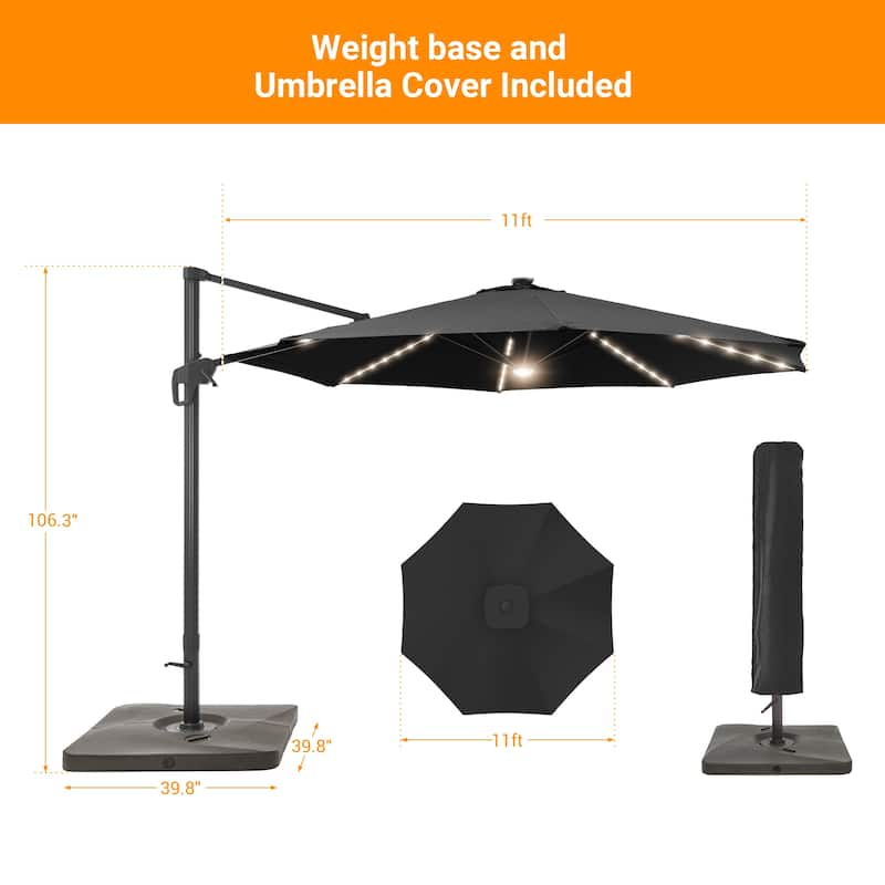 BONOSUKI 11ft LED Aluminum Patio Cantilever Offset Umbrella with Base