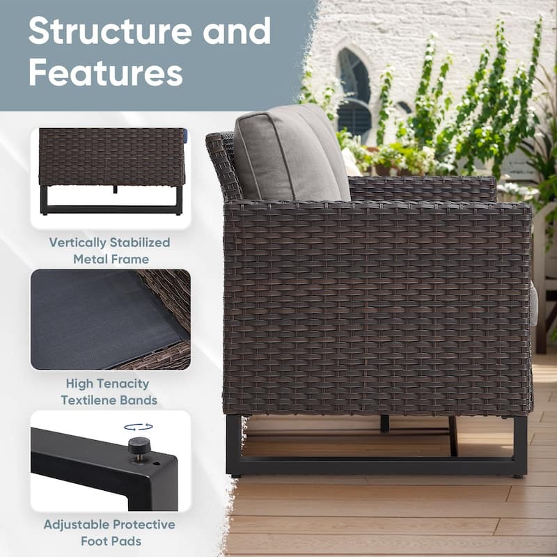 Outdoor Sofa with Swivel Chair Ottomans and Fire Pit Table - Grey cushion - Brown