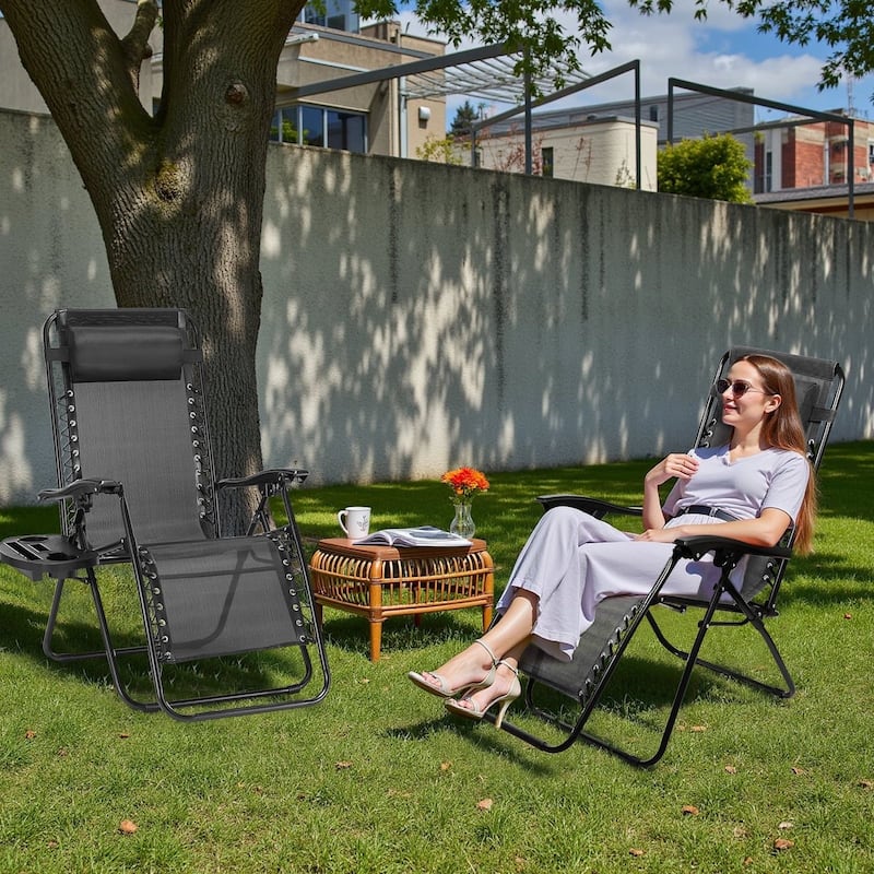 Set of 2 Folding Reclining Lounge Chair, Outdoor Zero Gravity Recliner W/Side Tray & Detachable Headrest Pillow