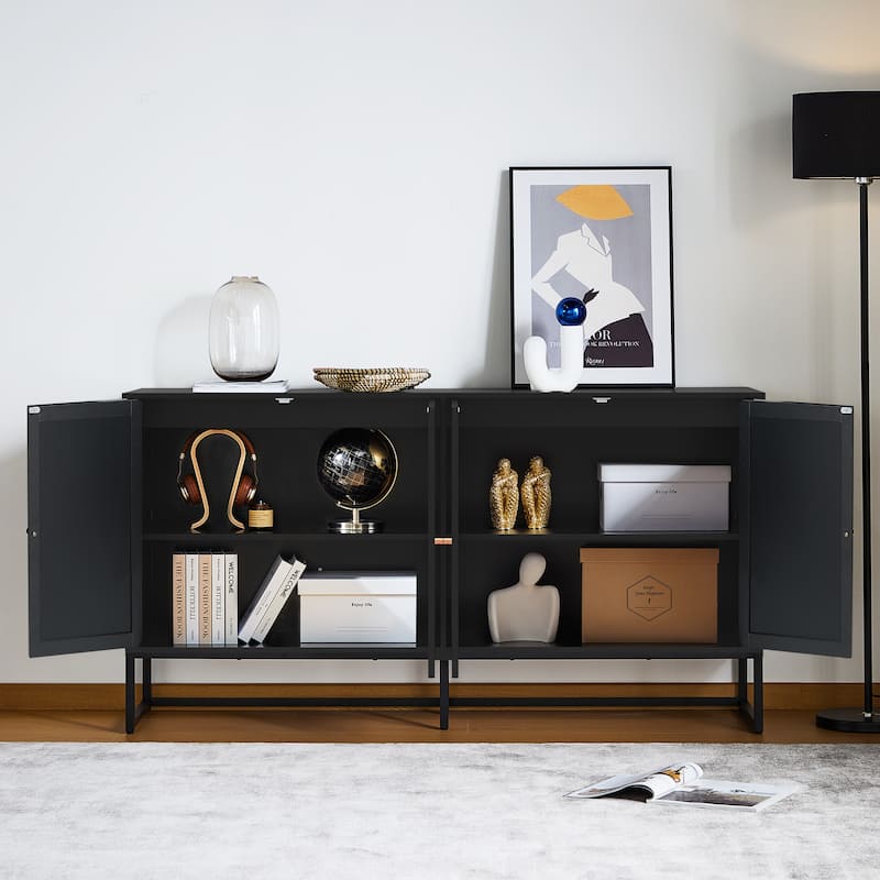 Wood Rattan 4-Door Buffet Sideboard With Storage