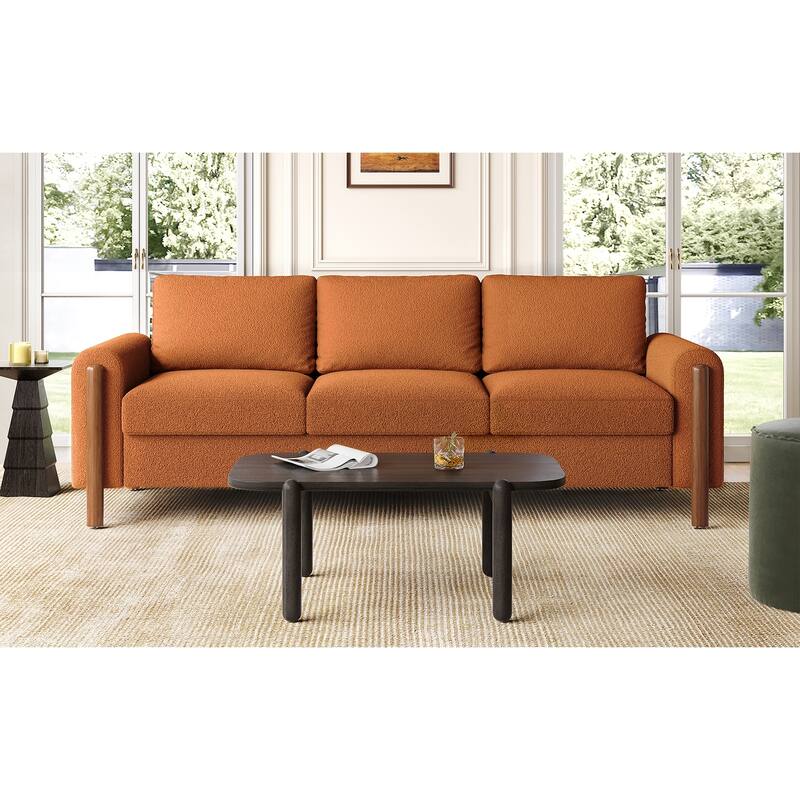 Teddy Velvet Fabric 3 Seater Sofa, Upholstered Sofa with Curved Armrest, Lounge Sofa Chair with Solid Wood Legs