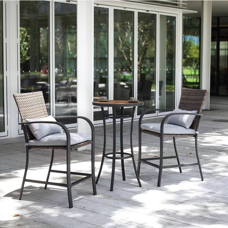 3-Piece Wicker Bar Height Outdoor Dining Set Patio Bar Sets Outdoor Bar Table Bar Stools with Gray Cushions