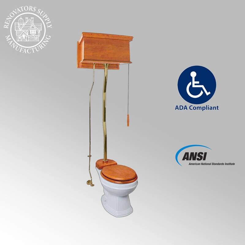 Light Mahogany High Tank Toilet Raised Tank, White Round Bowl and Brass Z Pipe