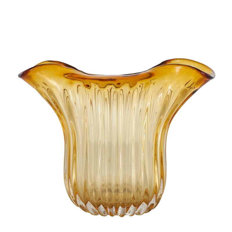 Orange Glass Ribbed Ombre Abstract Decorative Vase with Folded Curve Opening