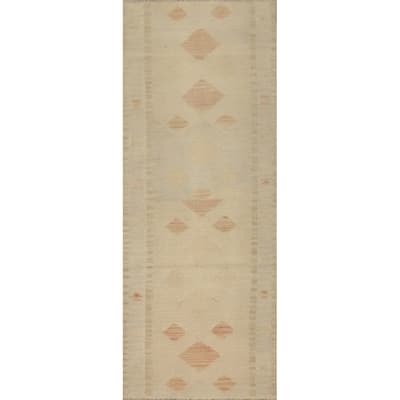 Hand Woven Oriental 100% Wool Carpet Southwestern Tribal Beige & Ivories Kilim Runner Rug - 5' 9'' X 2' 0''