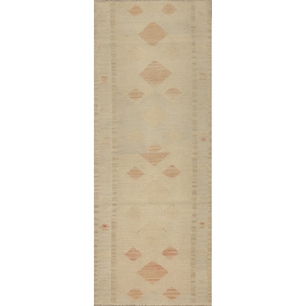Hand Woven Oriental 100% Wool Carpet Southwestern Tribal Beige & Ivories Kilim Runner Rug - 5' 9'' X 2' 0''
