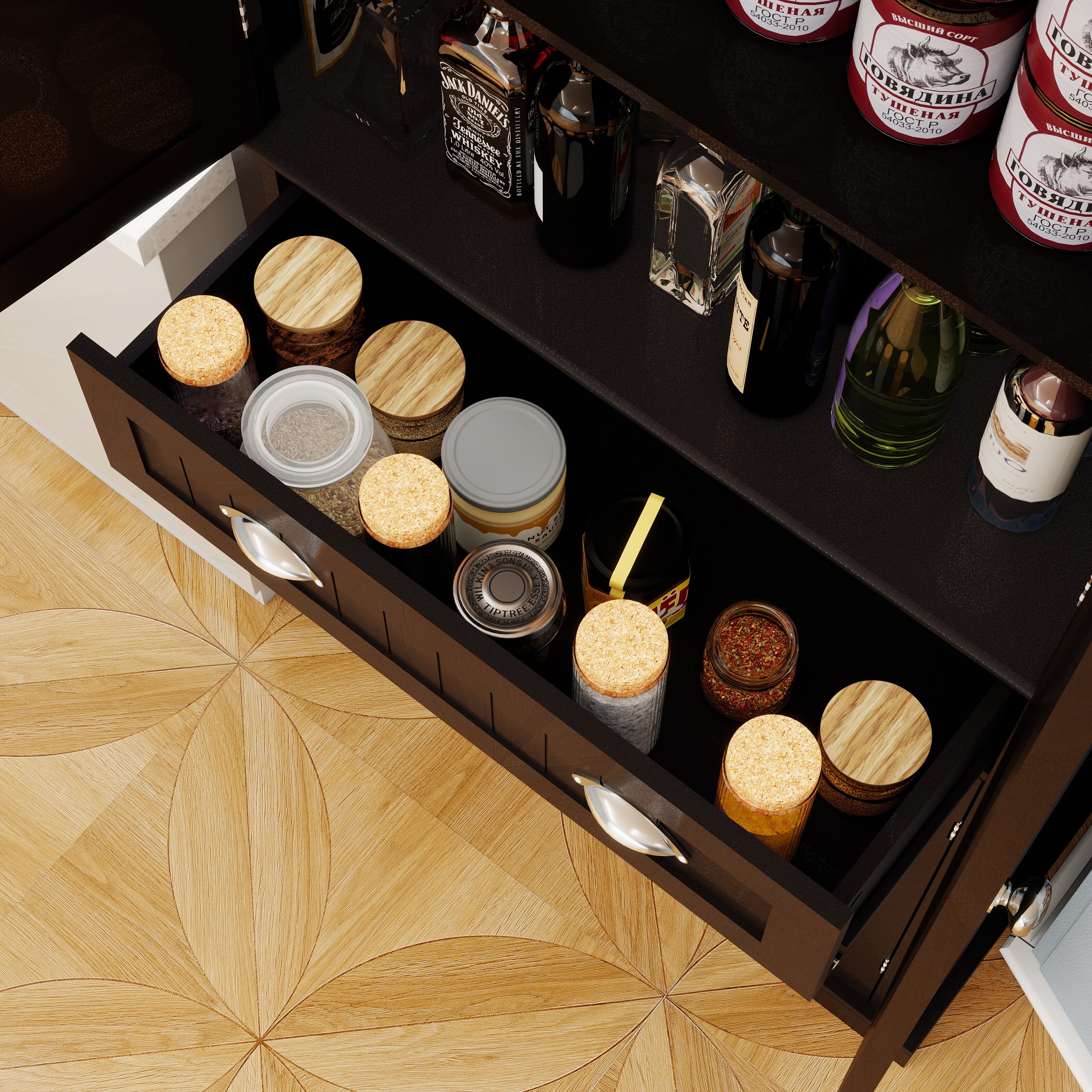 Modern Storage Cabinet with 4 Doors, Drawer and 2 Adjustable