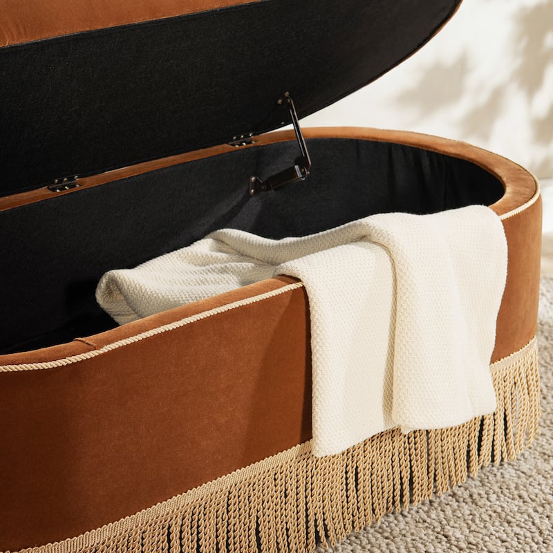 Melinda 48.5" Upholstered Tufted Oval Storage Bench with Bullion Fringe - Burnt Orange