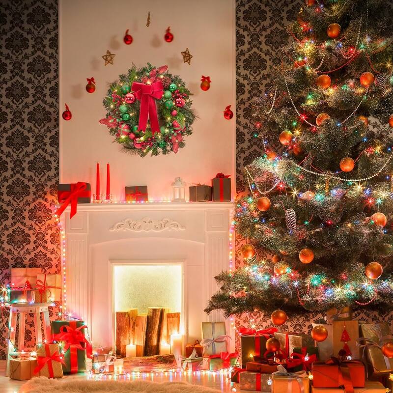 22" Christmas Wreath with Lights for Front Door with Red Green Balls Pine Cones