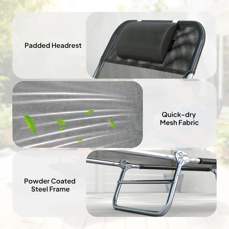 Outsunny Folding Chaise Lounge Pool Chairs, Set of 2 Outdoor Sun Tanning Chairs with Pillow, Six-Position Reclining Back