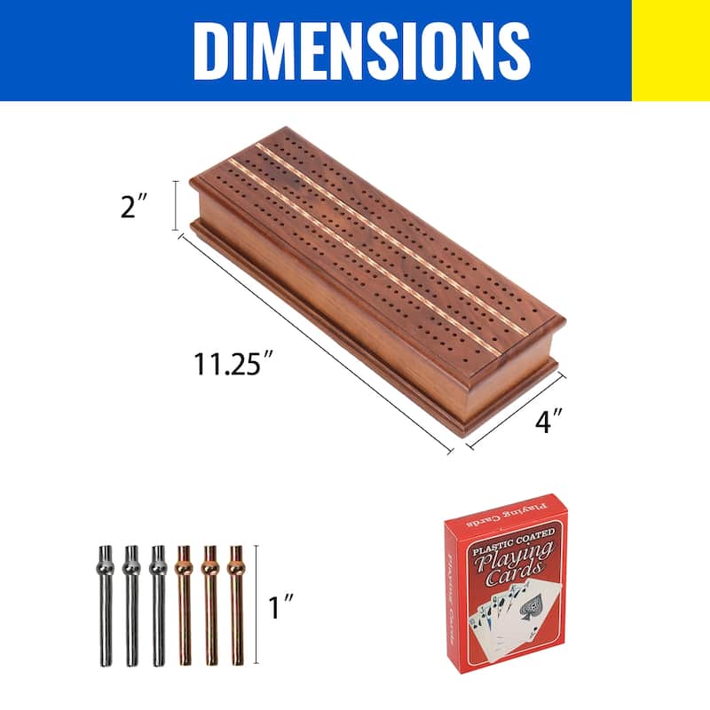 GSE™ Deluxe 2-Track Wooden Cribbage Board Game Box with Playing Card Deck, 6 Metal Pegs and Storage Drawer