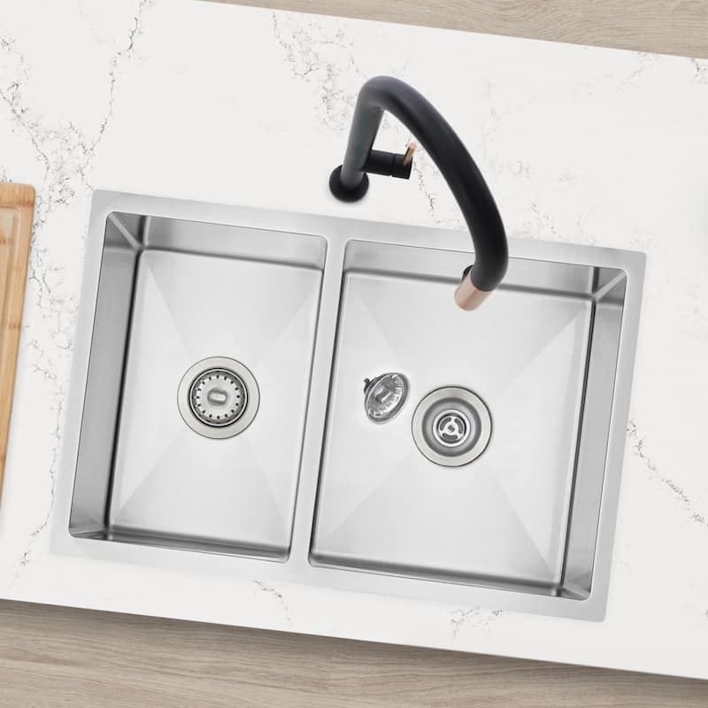 AZUNI 27 inches L x 18 inches W Double Bowl 60/40 Dual Mount 16G Reversible Kitchen Sink with Grids and Basket Strainers