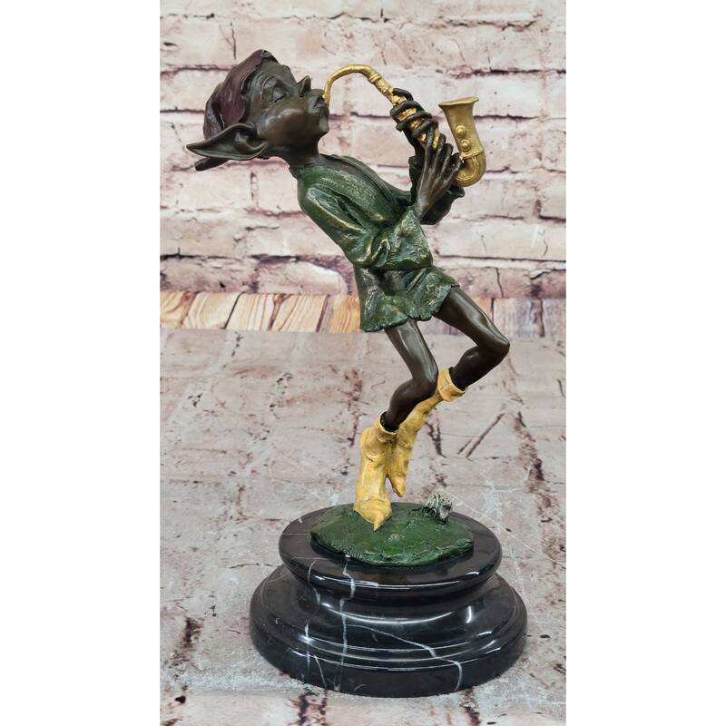Whimsical Bronze Elf Leprechaun Playing Golden Saxophone Fantasy Sculpture By Juno