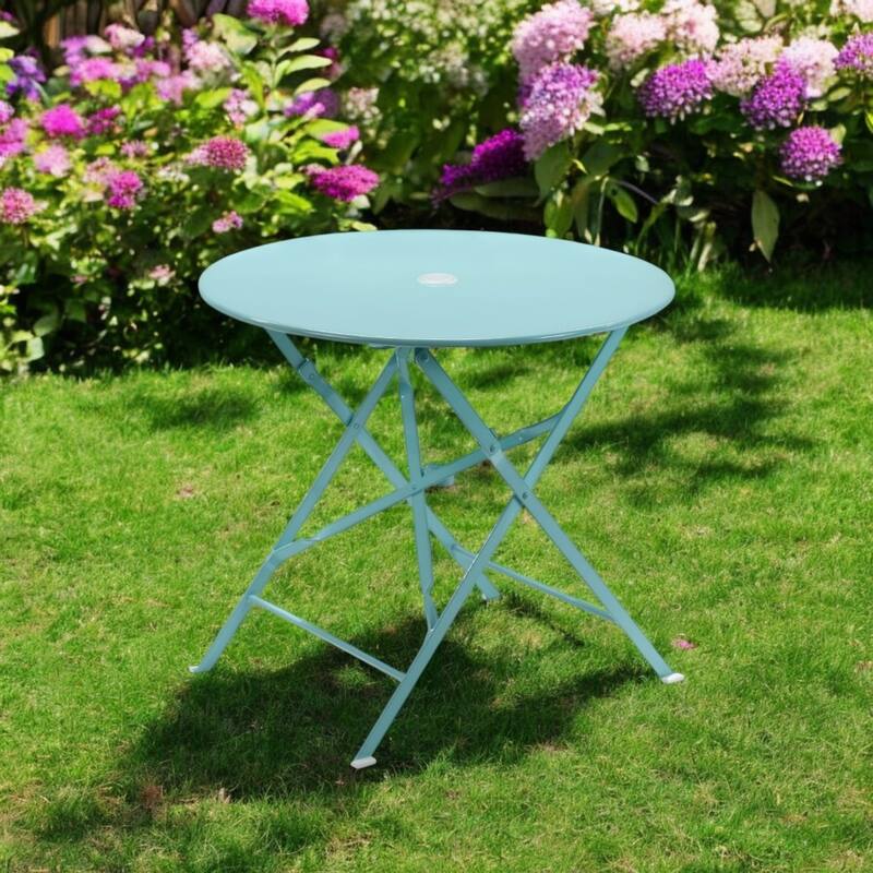 30" Aqua Rounded Aluminum Folding Outdoor Bistro Table with Umbrella Hole - Aqua