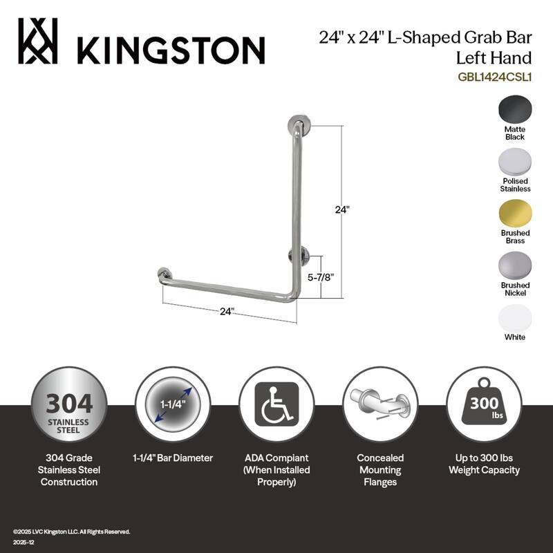 Kingston Brass Made To Match 24-Inchx 24-Inch L-Shaped Grab Bar - Left Hand