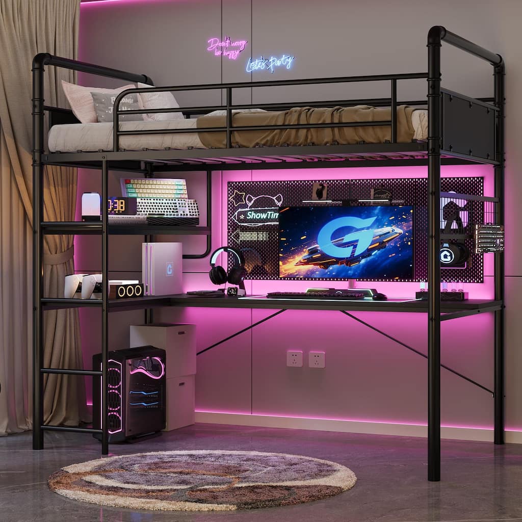 Loft Bunk Bed with L-Shaped Desk,Twin Loft Bed with Desk Underneath,Metal Bunk Beds