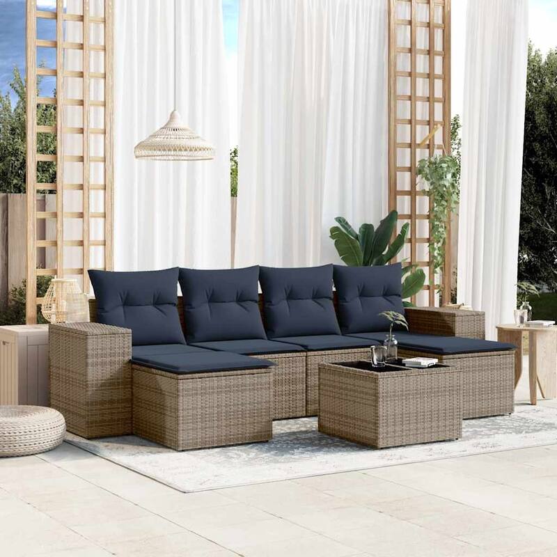 vidaXL 6/7 Piece Patio Sofa Set with Cushions Black/Brown/Gray Poly Rattan - 21.7 x 24.4 x 27.2