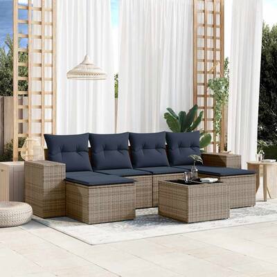 vidaXL 6/7 Piece Patio Sofa Set with Cushions Black/Brown/Gray Poly Rattan - 21.7 x 24.4 x 27.2