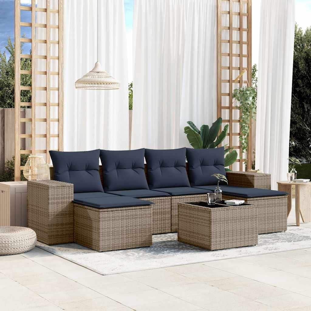 vidaXL 6/7 Piece Patio Sofa Set with Cushions Black/Brown/Gray Poly Rattan - 21.7 x 24.4 x 27.2