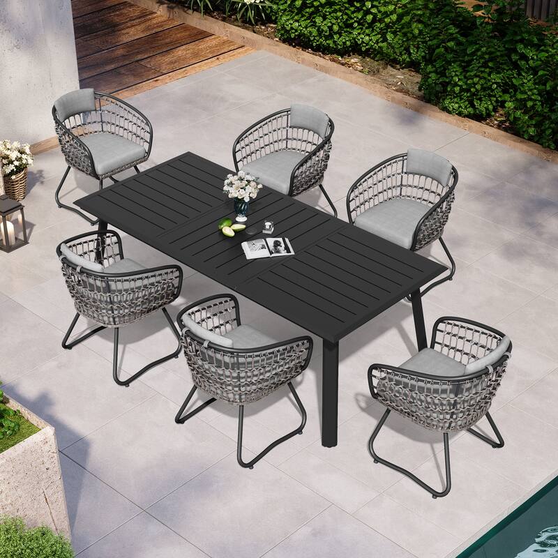 7PC Outdoor Aluminum Dining Table with Umbrella Hole with Rattan Chair