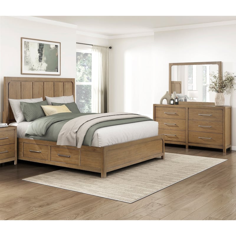 Storage Bed Dresser Mirror Set 3pc Bedroom Furniture Modern Light Brown Finish - Eastern King