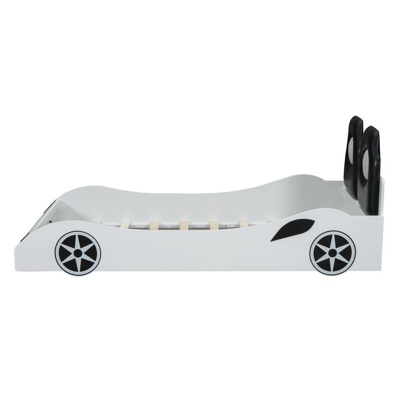 Wood Twin Size Race Car-Shaped Platform Bed With Led And Upholstered Backrest