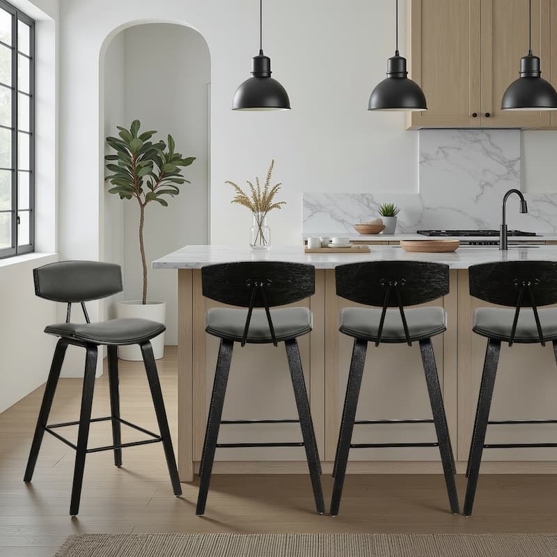 Fox Mid-Century Bar Stool, Upholstered Counter Height Chair with Bentwood Legs - Set of 4 - Grey & Black - Counter Height