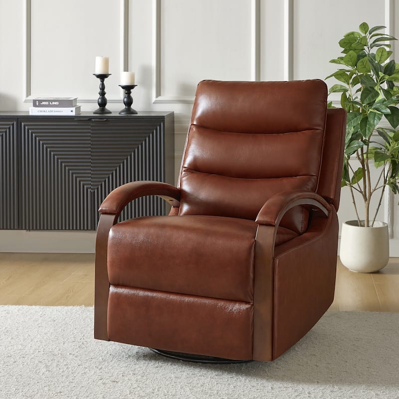 Leopold Modern Genuine Leather Swivel Rocking Manual Recliner Chair with Wooden Arm Accents by HULALA HOME - Brown