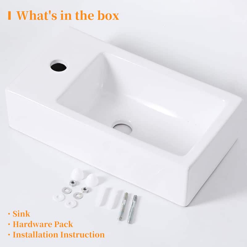 HOROW 18" x10" Wall Mount Rectangle White Porcelain Ceramic Vessel Sink for Tiny Bathrooms (Left Hand) - Left
