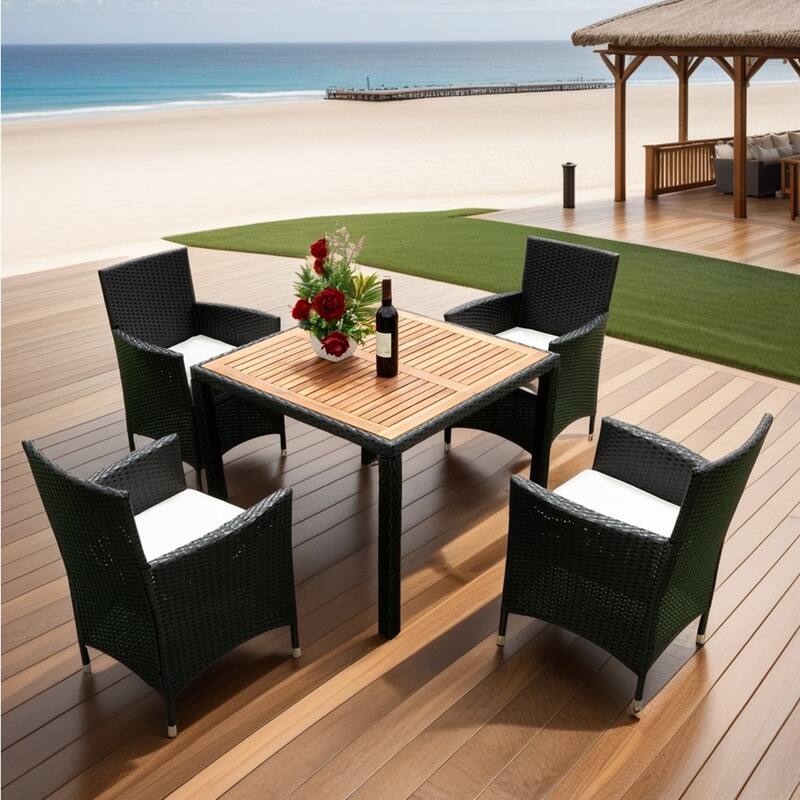 5 Piece Outdoor Conversation Set with 4 Chairs and Acacia Wood Table, Patio Rattan Dining Set with Cushions