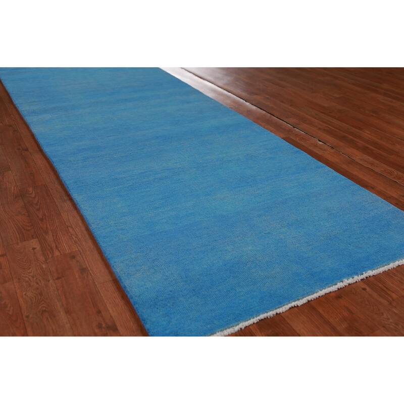 Hand Knotted Oriental 100% Wool Carpet Modern Solid Navy Blue & Blues Gabbeh Runner Rug - 8' 1'' X 3' 0''