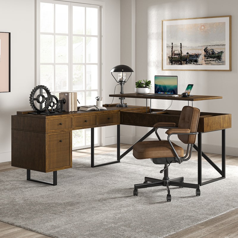 Alfons Industrial L-shaped Lift Top Cane Executive Office Desk with Drawers and Built-In Outlets by HULALA HOME
