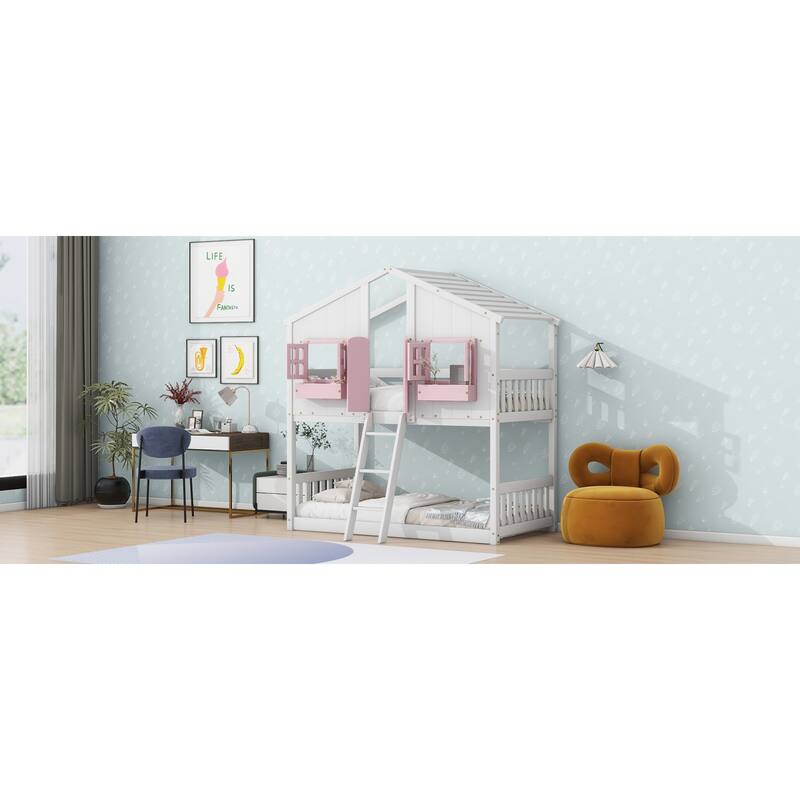 Roomfitters Twin Over Twin House Bunk Bed with Roof, Window Box, Door, Safety Guardrails and Ladder