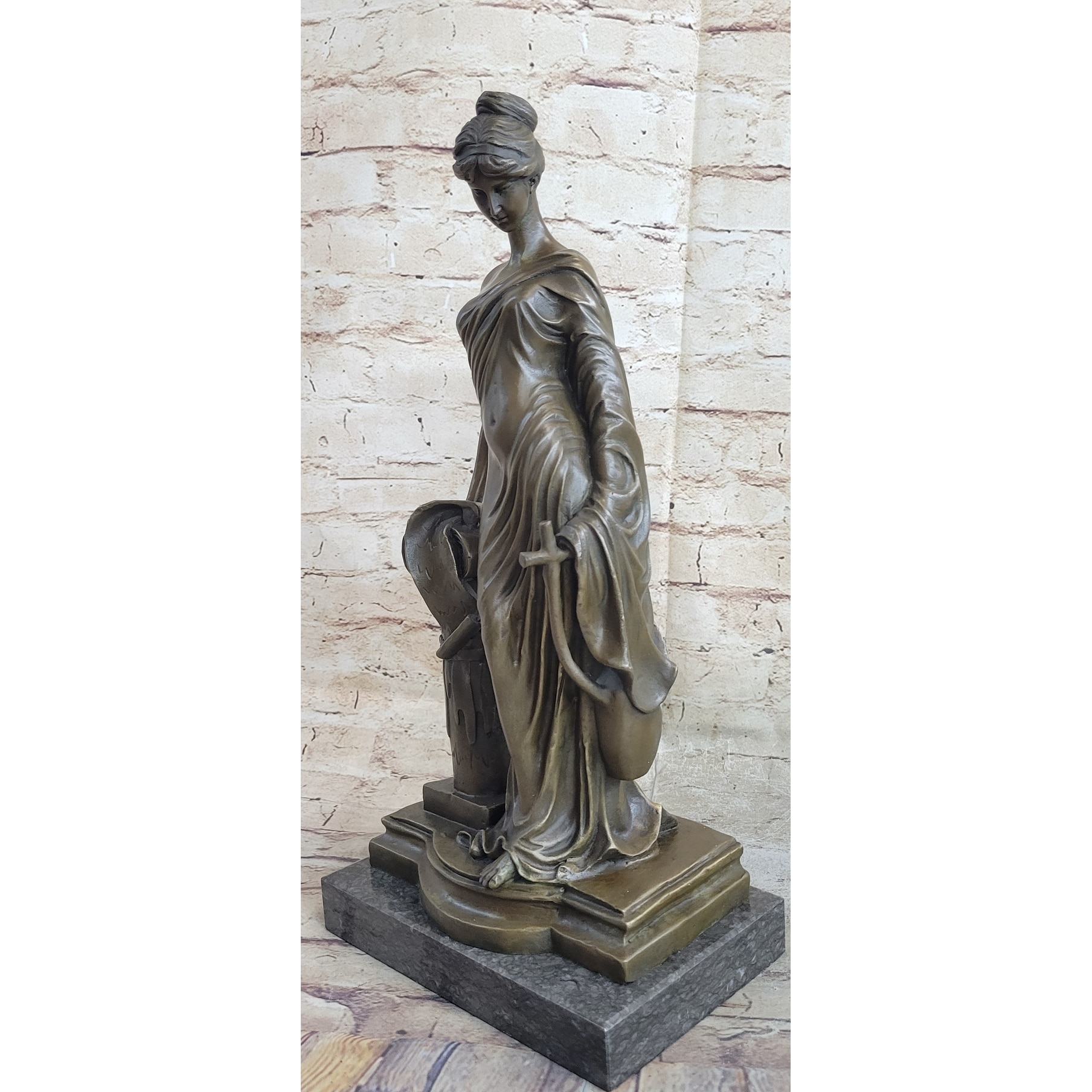 Young Roman Woman Leaning Against Pillar Bronze Figure Statue Sculpture Decor