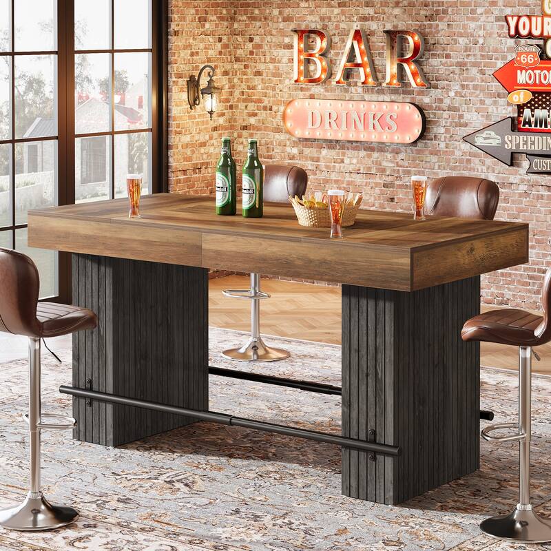 62.2-Inch Bar Table, Industrial Counter Height Pub Dining Table with Metal Footrest - Rustic Brown