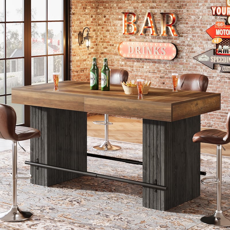 63-Inch Bar Table, Industrial Counter Height Pub Dining Table with Metal Footrest - Rustic Brown