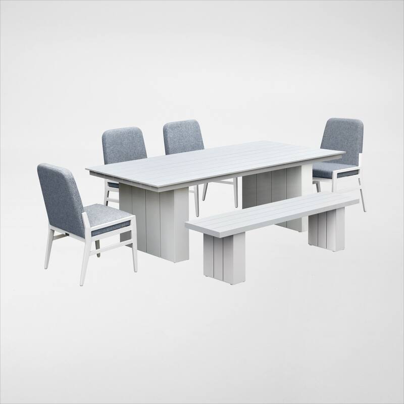 Nash Outdoor Dining Set - Buff 6-PC with Bench and Upholstered Chairs