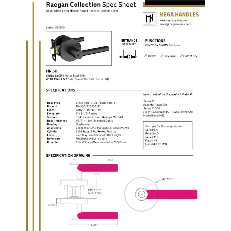 Mega Handles RONN Modern Door Handle with Deadbolt – Front Door Keyed Flat Entry Lever & Round Single Cylinder Lock Set