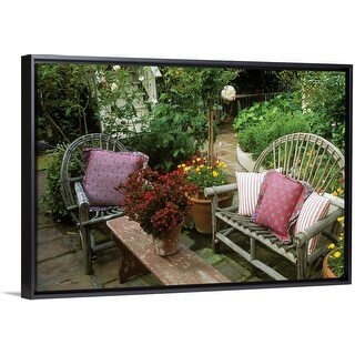 Shop Rustic Wooden Bench And Chair With Table On Patio Black Float Frame Canvas Art Free Shipping Today Overstock 25532263