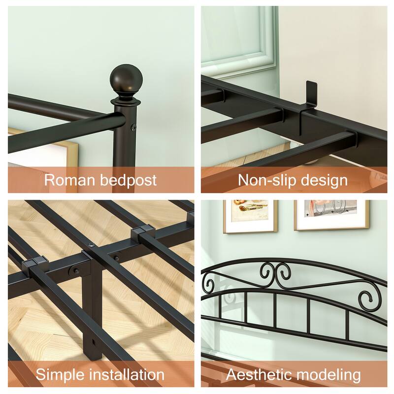 Queen Size Metal Canopy Bed Frame with Headboard and Footboard Black