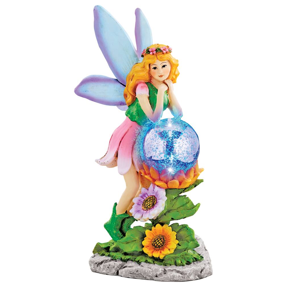 Hand-Painted Fairy Garden Sculpture with Solar Gazing Ball - 15.250 x 9.500 x 6.500