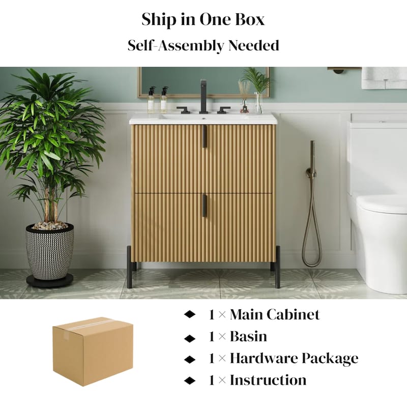 30" Bathroom Vanity with Ceramic Sink, Fluted Design, Full-Extension Drawers, Soft Close Drawer Slides