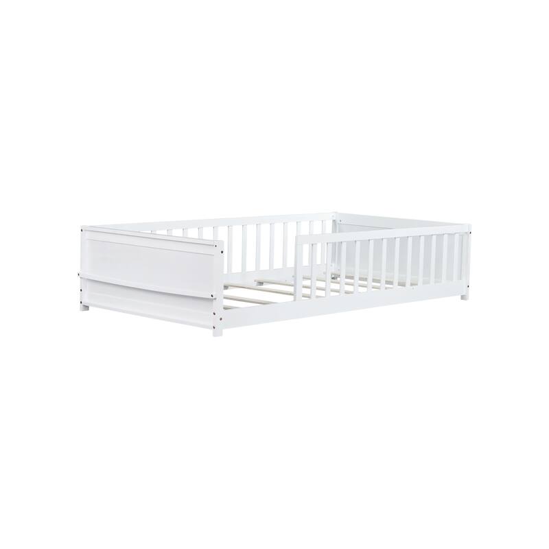 Twin Size Floor Platform Bed with Built-in Book Rack, White