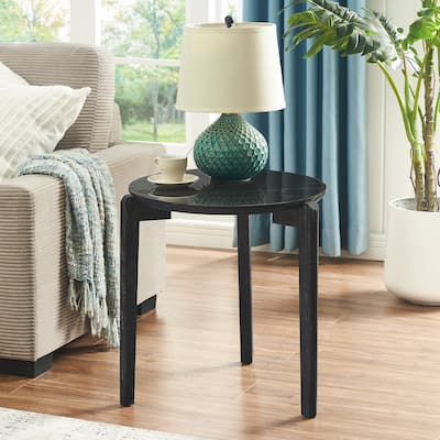 Modern 24-Inch Round Coffee Table - Stylish Imitation Marble Top with Solid Rubber Wood Legs-Perfect Small Wooden Coffee Table