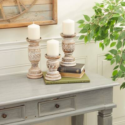 Beige Wood Country Cottage Candle Holder (Set of 3) - 4 x 4 x 10