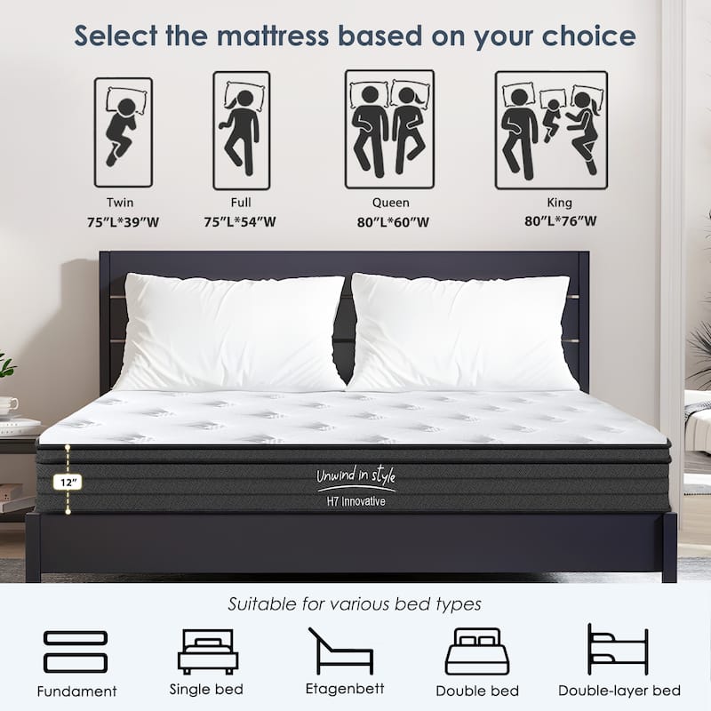 12 Inch Hybrid Mattress Individually Pocketed Innerspring（Twin/Full/Queen/King）