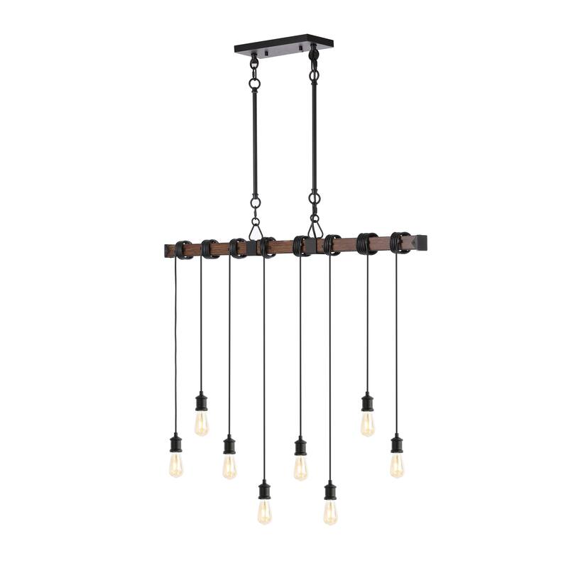 Zoey 40" 8-Light Vintage Driftwood Iron LED Linear Chandelier with Height Adjustable Bulbs, Brown Wood/Black , by JONATHAN Y - Brown Wood Finish/Black