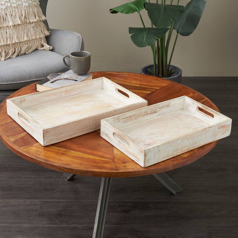 Cream Mango Wood Handmade Whitewashed Living Room Decor Tray with Carved Mandala Interior (Set of 2) - Cream