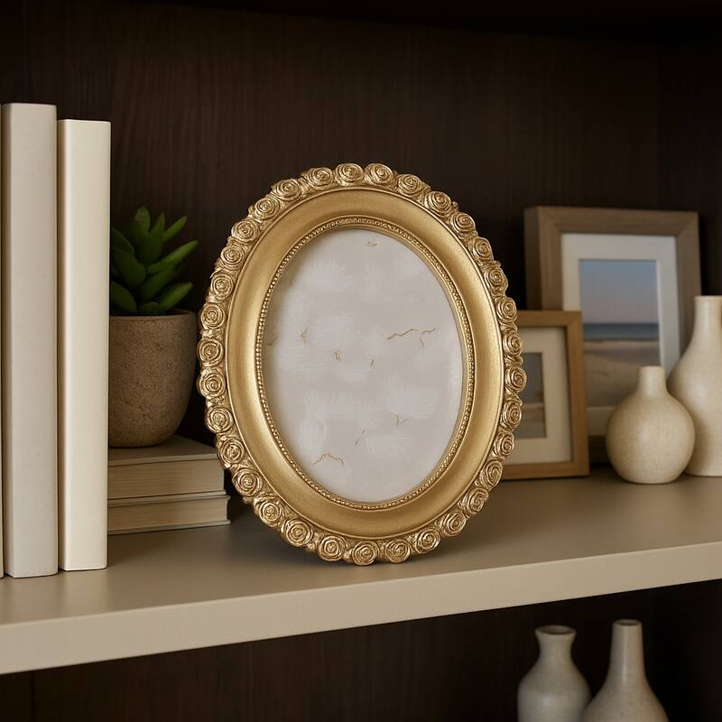 Polyresin Oval Photo Frame with Rosette Border - Gold