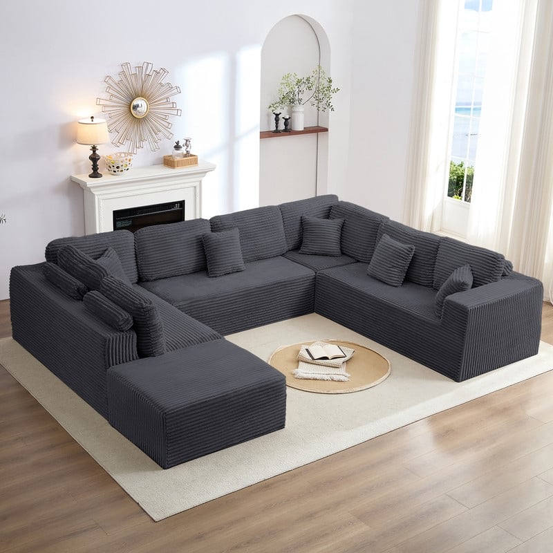Mixoy 136"U-Shaped Modular Corduroy Sectional Sofa,7-Seater Deep Seats Sofa with Movable Ottoman - U-Shaped